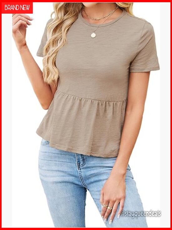 Tops - Short Sleeve Peplum Top Crew Neck Casual Basic Tee